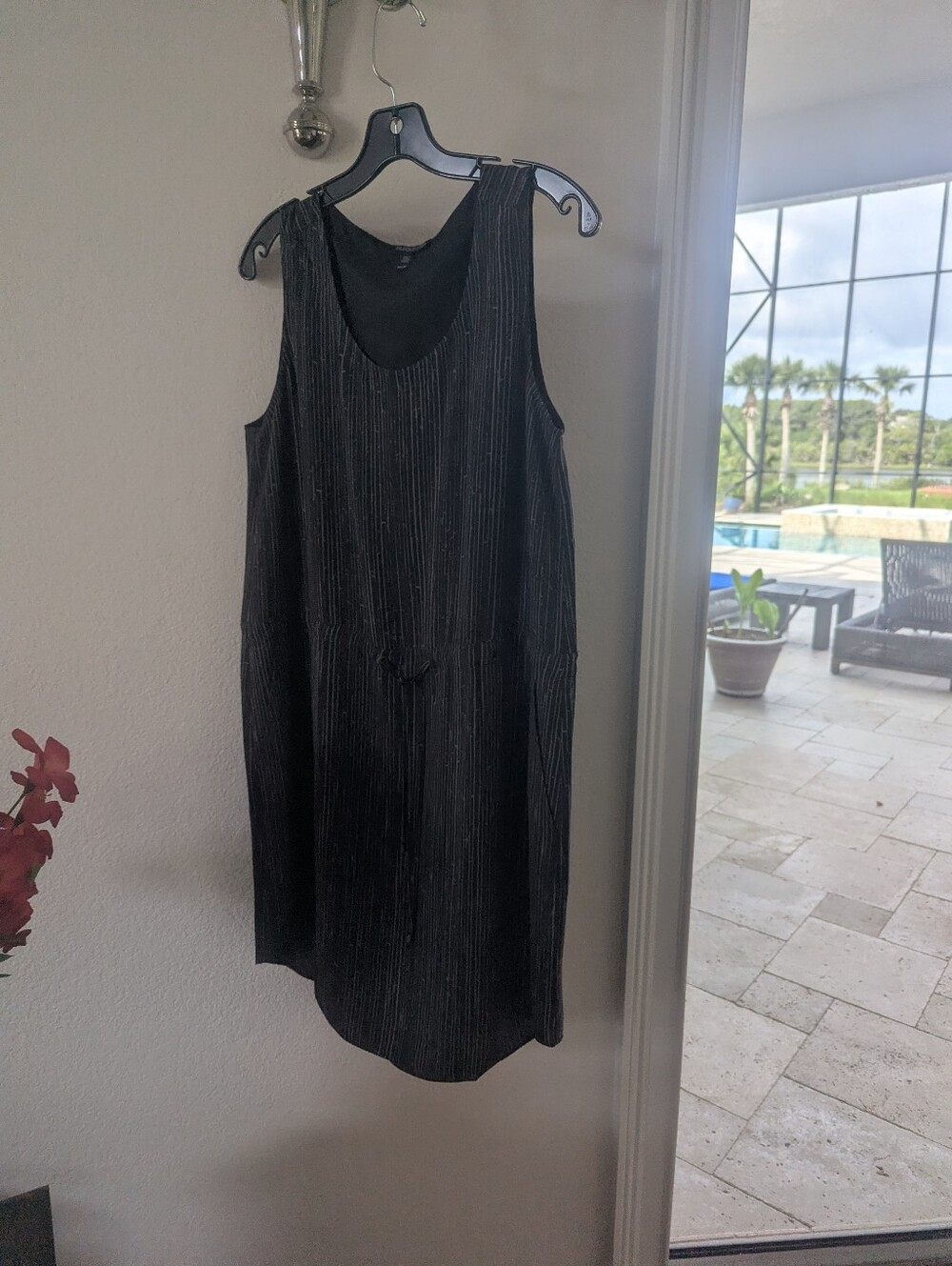 Eileen Fisher Shima Silk Dress Crepe Black White Sleeveless Lined Knee Petite M